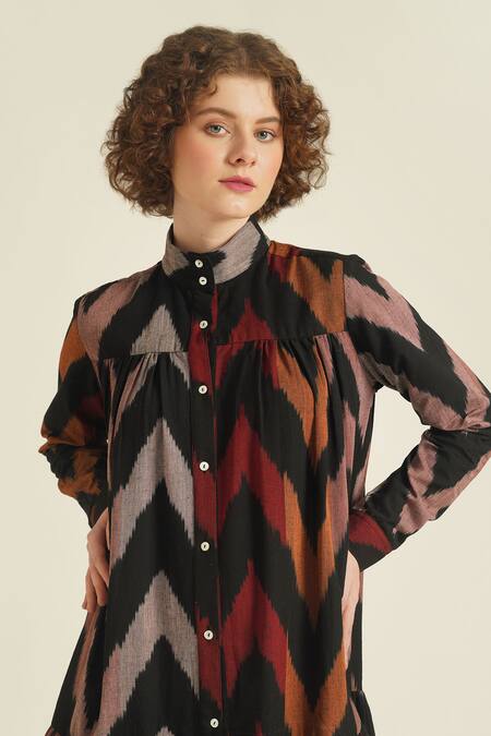 Indigo Dreams Multi Color Cotton High Neck Royale Ii Handwoven Ikat Tiered Shirt Dress Online at Aza Fashions Indigo Dreams_Multi Color Cotton High Neck Royale Ii Handwoven Ikat Tiered Shirt Dress_Online_at_Aza_Fashions