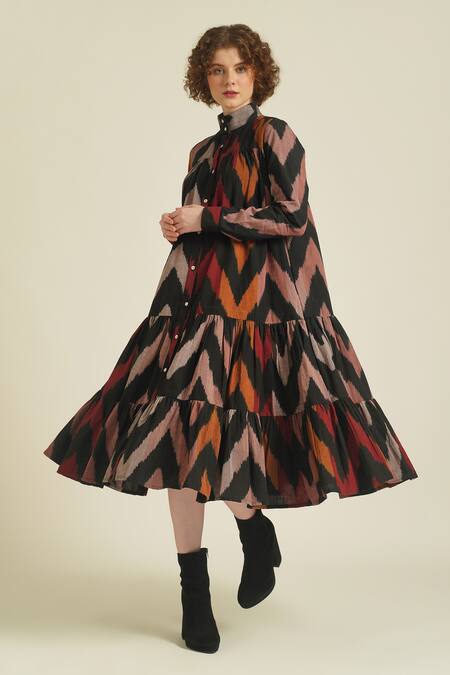 Buy Indigo Dreams Multi Color Cotton High Neck Royale Ii Handwoven Ikat Tiered Shirt Dress Online at Aza Fashions Buy_Indigo Dreams_Multi Color Cotton High Neck Royale Ii Handwoven Ikat Tiered Shirt Dress_Online_at_Aza_Fashions