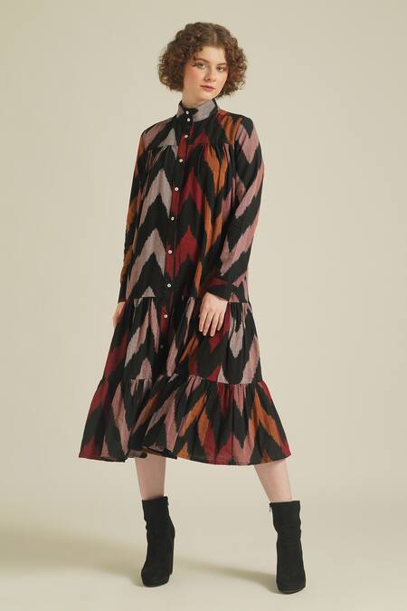 Shop Indigo Dreams Multi Color Cotton High Neck Royale Ii Handwoven Ikat Tiered Shirt Dress Online at Aza Fashions Shop_Indigo Dreams_Multi Color Cotton High Neck Royale Ii Handwoven Ikat Tiered Shirt Dress_Online_at_Aza_Fashions