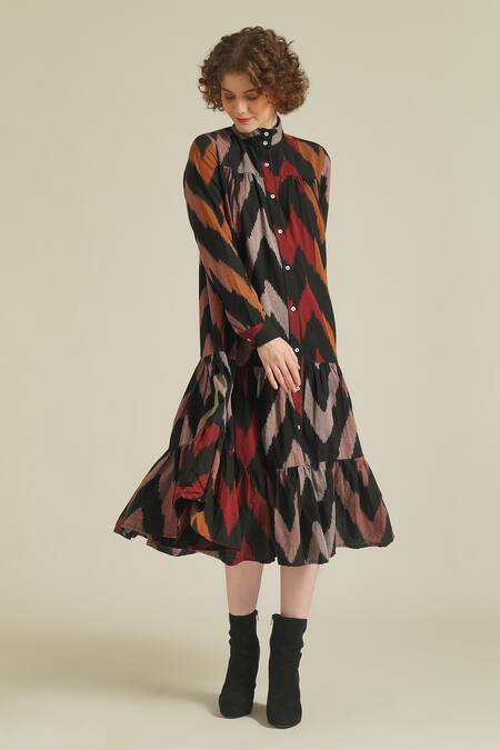 Indigo Dreams Multi Color Cotton High Neck Royale Ii Handwoven Ikat Tiered Shirt Dress at Aza Fashions Indigo Dreams_Multi Color Cotton High Neck Royale Ii Handwoven Ikat Tiered Shirt Dress_at_Aza_Fashions