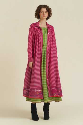 Indigo Dreams_Green Cotton Embroidery High Royale Viii Handwoven Jacket And Slip Set_Online_at_Aza_Fashions