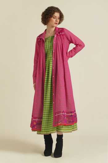 Shop_Indigo Dreams_Green Cotton Embroidery High Royale Viii Handwoven Jacket And Slip Set_Online_at_Aza_Fashions