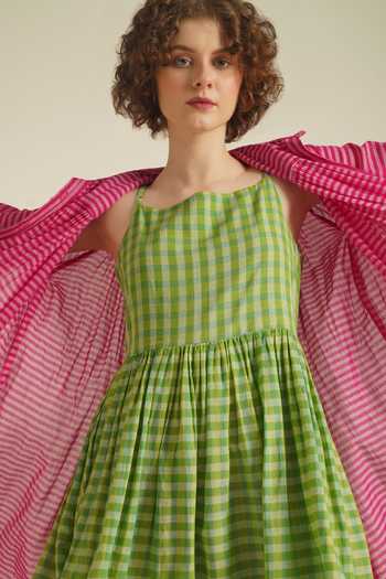 Indigo Dreams_Green Cotton Embroidery High Royale Viii Handwoven Jacket And Slip Set_at_Aza_Fashions