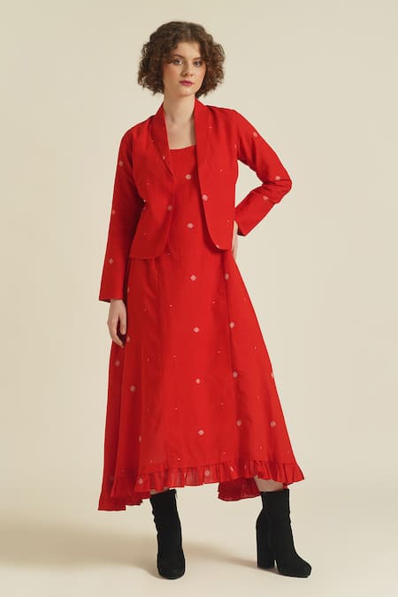 Indigo Dreams Red 100% Cotton Handwoven Jamdani Dress U Royale Ix With Jacket  