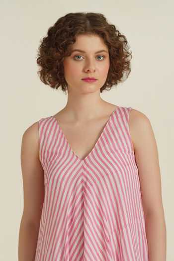 Indigo Dreams_Pink Cotton V-neck Royale Xxxi Hand Block Print Dress_Online_at_Aza_Fashions