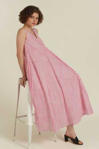 Buy_Indigo Dreams_Pink Cotton V-neck Royale Xxxi Hand Block Print Dress_Online_at_Aza_Fashions