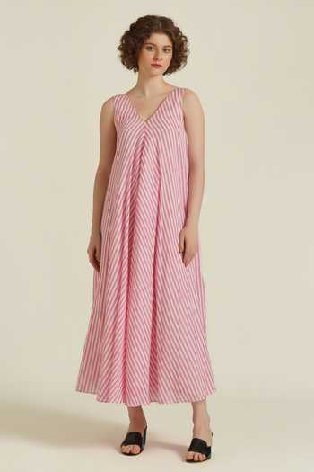 Shop_Indigo Dreams_Pink Cotton V-neck Royale Xxxi Hand Block Print Dress_Online_at_Aza_Fashions