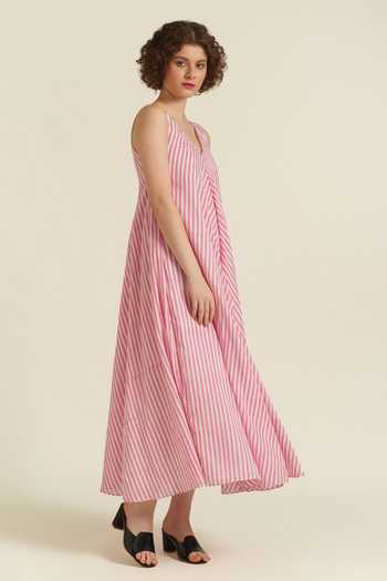 Indigo Dreams_Pink Cotton V-neck Royale Xxxi Hand Block Print Dress_at_Aza_Fashions