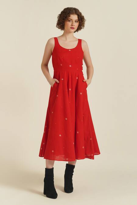 Buy_Indigo Dreams_Red Cotton Embroidery Round Neck Royale Xi Jamdani Woven Dress_Online_at_Aza_Fashions