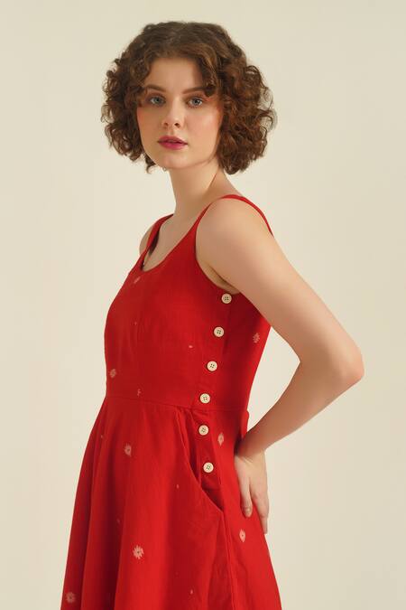 Shop_Indigo Dreams_Red Cotton Embroidery Round Neck Royale Xi Jamdani Woven Dress_Online_at_Aza_Fashions