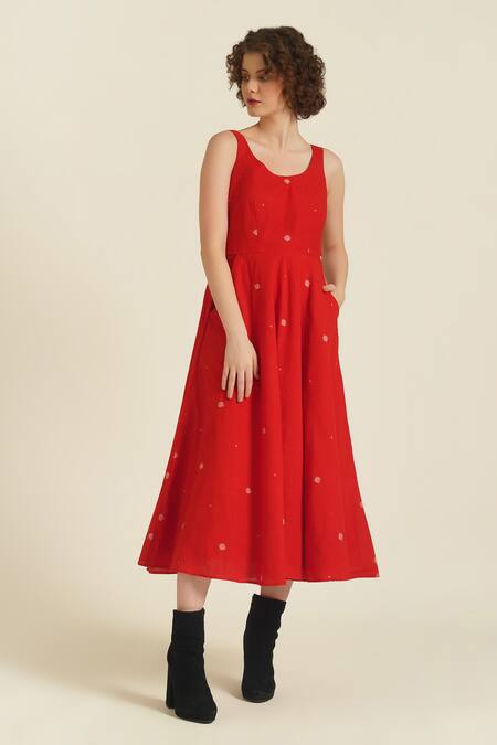 Indigo Dreams_Red Cotton Embroidery Round Neck Royale Xi Jamdani Woven Dress_at_Aza_Fashions