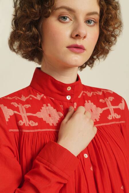 Indigo Dreams_Red Cotton Embroidery Collared Royale Xiv Floral Jamdani Woven Dress_Online_at_Aza_Fashions