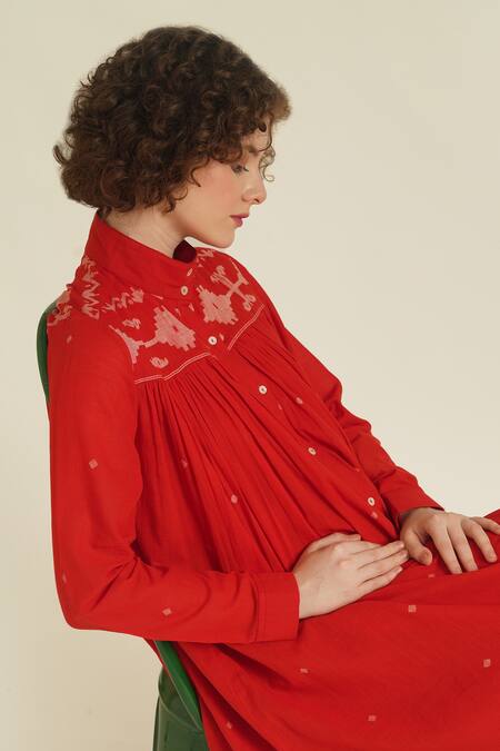 Buy_Indigo Dreams_Red Cotton Embroidery Collared Royale Xiv Floral Jamdani Woven Dress_Online_at_Aza_Fashions