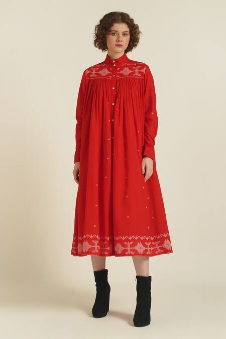 Shop_Indigo Dreams_Red Cotton Embroidery Collared Royale Xiv Floral Jamdani Woven Dress_Online_at_Aza_Fashions