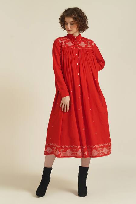 Indigo Dreams_Red Cotton Embroidery Collared Royale Xiv Floral Jamdani Woven Dress_at_Aza_Fashions