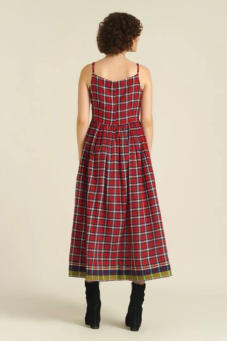 Shop_Indigo Dreams_Red Cotton Square Neck Royale Xv Woven Checks Dress_at_Aza_Fashions