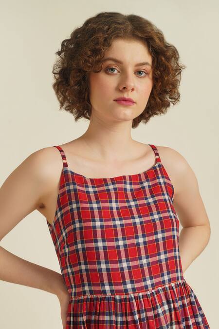 Indigo Dreams_Red Cotton Square Neck Royale Xv Woven Checks Dress_Online_at_Aza_Fashions
