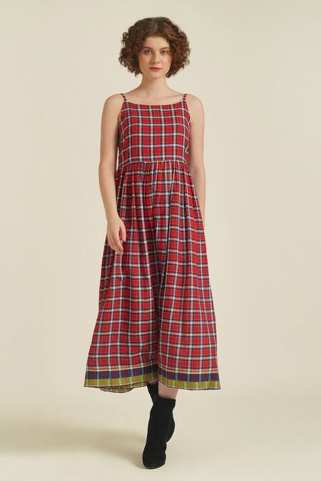 Buy_Indigo Dreams_Red Cotton Square Neck Royale Xv Woven Checks Dress_Online_at_Aza_Fashions