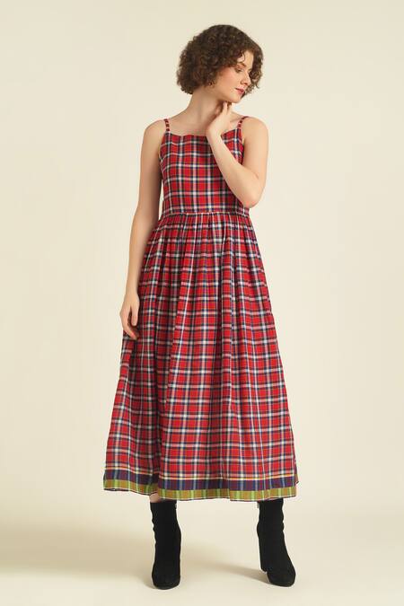 Shop_Indigo Dreams_Red Cotton Square Neck Royale Xv Woven Checks Dress_Online_at_Aza_Fashions
