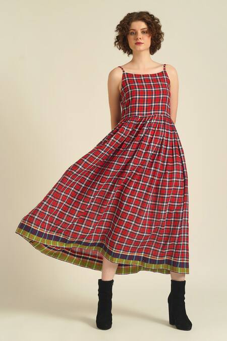 Indigo Dreams_Red Cotton Square Neck Royale Xv Woven Checks Dress_at_Aza_Fashions