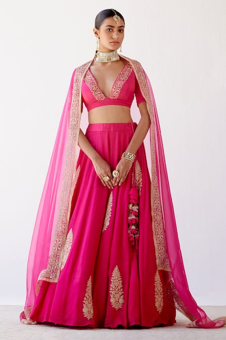 Shop_Devnaagri_Fuchsia Gajji , Cotton And Organza Floral Embroidered Lehenga Set _at_Aza_Fashions