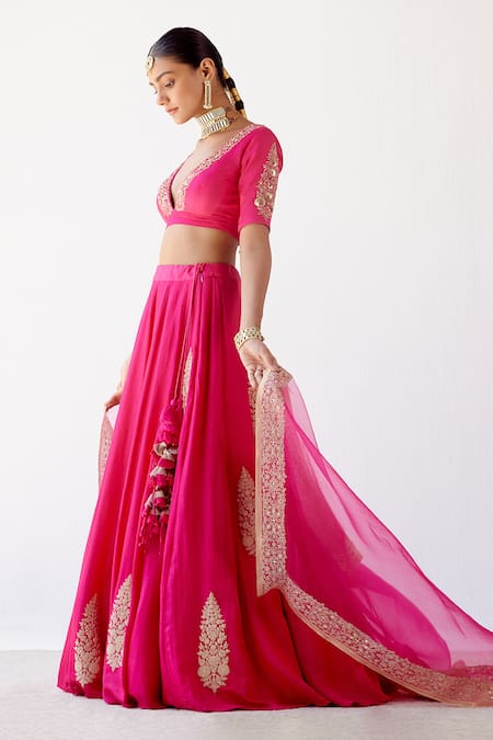 Devnaagri_Fuchsia Gajji , Cotton And Organza Floral Embroidered Lehenga Set _Online_at_Aza_Fashions