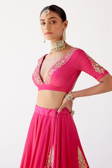 Buy_Devnaagri_Fuchsia Gajji , Cotton And Organza Floral Embroidered Lehenga Set _Online_at_Aza_Fashions