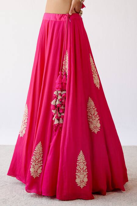 Shop_Devnaagri_Fuchsia Gajji , Cotton And Organza Floral Embroidered Lehenga Set _Online_at_Aza_Fashions