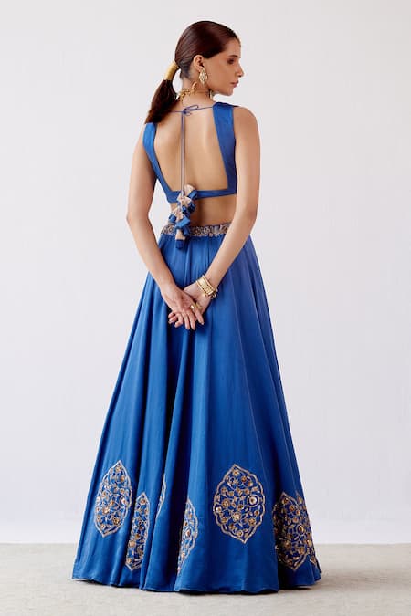 Shop_Devnaagri_Blue Gajji , Cotton Satin And Floral Embroidered Lehenga Set _at_Aza_Fashions