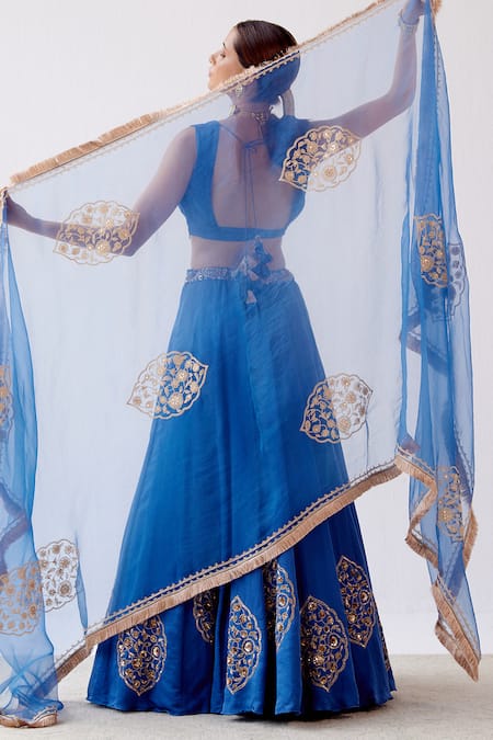 Buy_Devnaagri_Blue Gajji , Cotton Satin And Floral Embroidered Lehenga Set _Online_at_Aza_Fashions