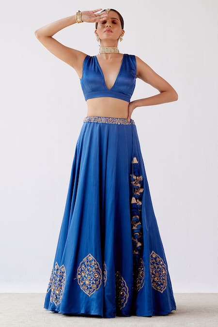 Shop_Devnaagri_Blue Gajji , Cotton Satin And Floral Embroidered Lehenga Set _Online_at_Aza_Fashions