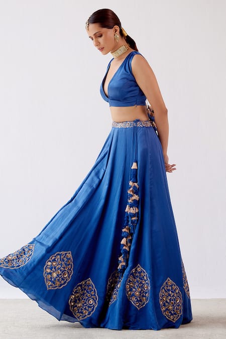 Devnaagri_Blue Gajji , Cotton Satin And Floral Embroidered Lehenga Set _at_Aza_Fashions