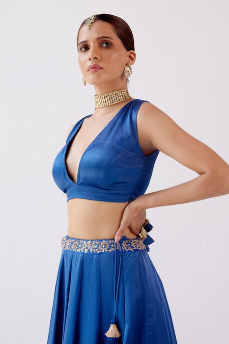 Buy_Devnaagri_Blue Gajji , Cotton Satin And Floral Embroidered Lehenga Set 