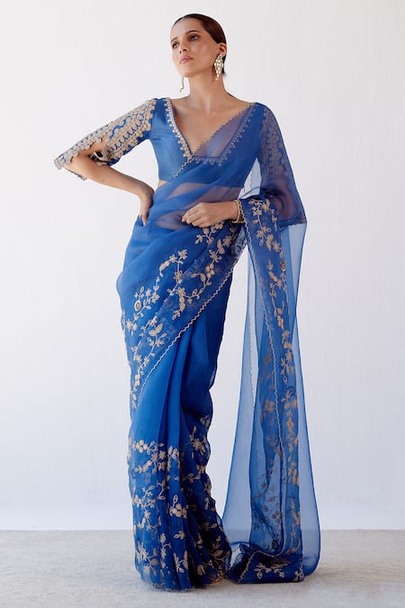 Devnaagri Blue Silk Organza And Chanderi Embroidered Sequin Saree With Blouse 