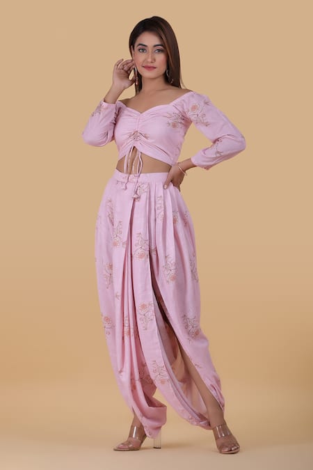 Buy Cream Spring Print Georgette Crop Top With Dhoti Pants And Attached  Drape by Designer PAYAL SINGHAL Online at Ogaan.com