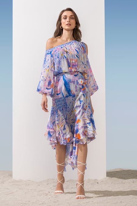 Mandira Wirk Resort Abstract Print One Shoulder Dress 