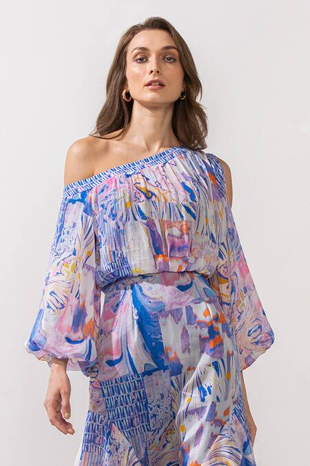 Mandira Wirk Resort Blue Chiffon Abstract Pattern One Shoulder Print Dress Online at Aza Fashions Mandira Wirk Resort_Blue Chiffon Abstract Pattern One Shoulder Print Dress _Online_at_Aza_Fashions