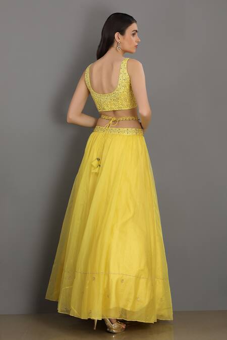 Shop_Asaga_Yellow Organza, Satin, Linen V Neck Embroidered Lehenga Set _at_Aza_Fashions
