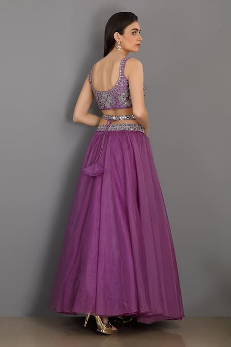 Shop Asaga Purple Organza, Satin, Linen Sweetheart Neck Embroidered Lehenga Set at Aza Fashions Shop_Asaga_Purple Organza, Satin, Linen Sweetheart Neck Embroidered Lehenga Set _at_Aza_Fashions