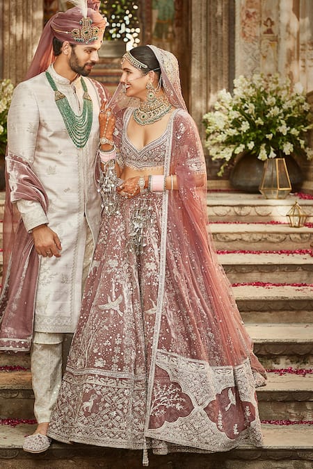 Matsya_Pink Velvet Antelope And Crane The French Rose Tales Of Masai Bridal Lehenga Set _Online_at_Aza_Fashions