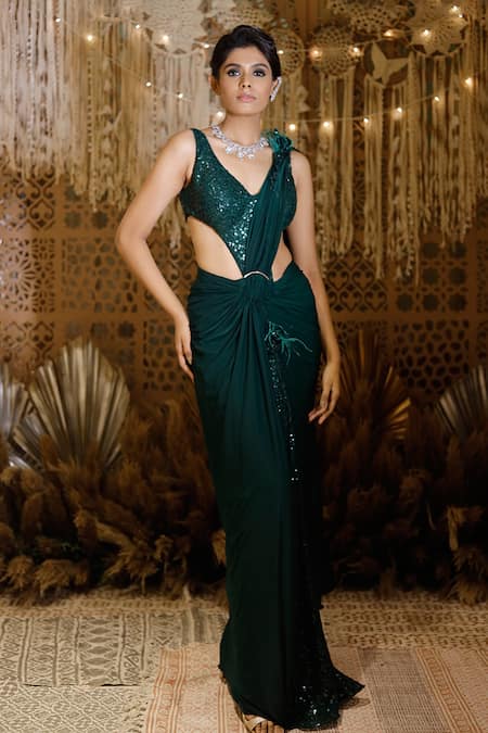 Archana Kochhar Green Georgette Embroidered Sequin V Neck Saree Gown 