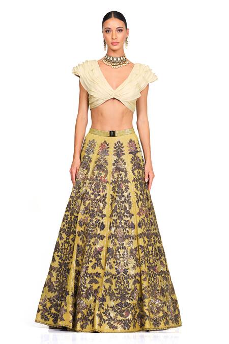 Rocky Star Yellow Organza And Net Floral Patchwork V Neck Godet Lehenga With Ruffle Top