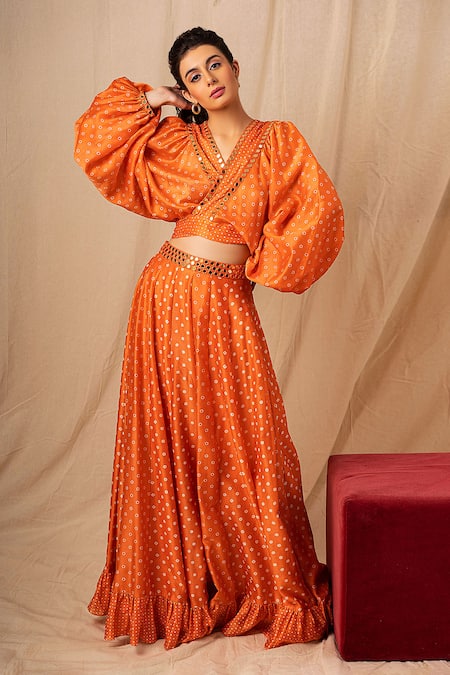 Surily G Orange Chanderi Embroidered Bandhani V Neck Pattern Crop Top 