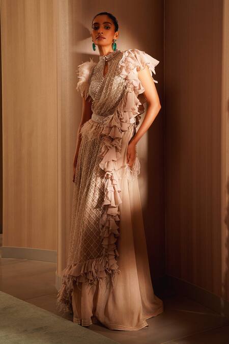 Buy Eeksha Ivory Tulle, Chiffon Pearls, Embellished Jaali Pattern Drape Sharara Set Buy_Eeksha_Ivory Tulle, Chiffon Pearls, Embellished Jaali Pattern Drape Sharara Set