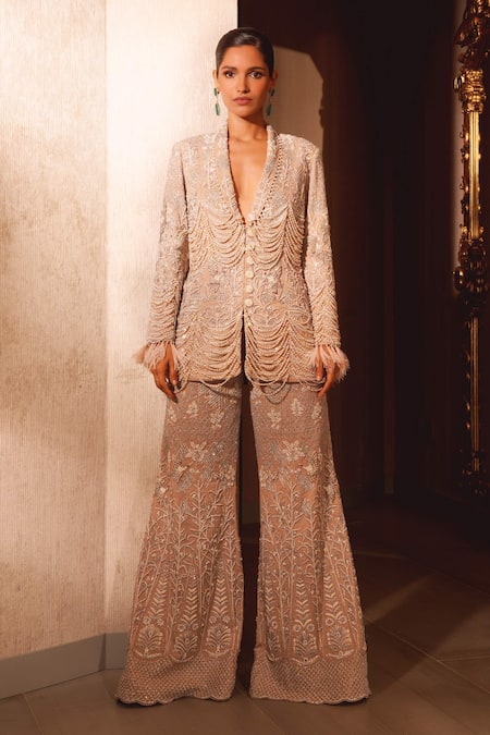 Eeksha Beige Crepe, Chiffon, Lurex Pearls, Farzia 3d Embellished Jacket Pant Set at Aza Fashions Eeksha_Beige Crepe, Chiffon, Lurex Pearls, Farzia 3d Embellished Jacket Pant Set _at_Aza_Fashions