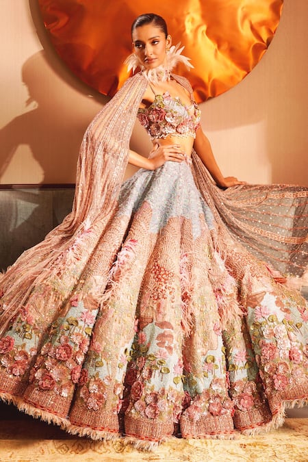 Shop Eeksha Multi Color Tulle, Silk Organza Armonia 3d Lotus Embroidered Lehenga Cape Set at Aza Fashions Shop_Eeksha_Multi Color Tulle, Silk Organza Armonia 3d Lotus Embroidered Lehenga Cape Set _at_Aza_Fashions
