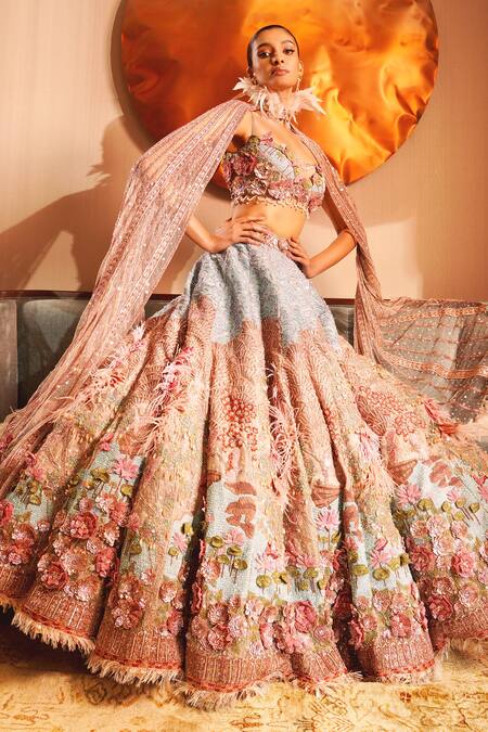 Buy Eeksha Multi Color Tulle, Silk Organza Armonia 3d Lotus Embroidered Lehenga Cape Set Online at Aza Fashions Buy_Eeksha_Multi Color Tulle, Silk Organza Armonia 3d Lotus Embroidered Lehenga Cape Set _Online_at_Aza_Fashions