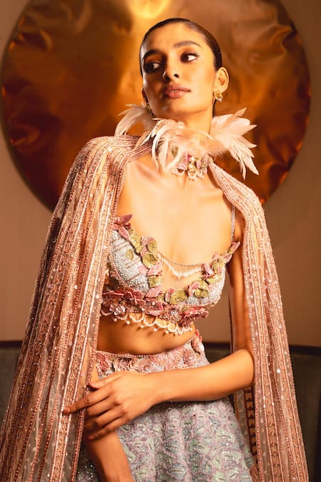 Buy Eeksha Multi Color Tulle, Silk Organza Armonia 3d Lotus Embroidered Lehenga Cape Set Buy_Eeksha_Multi Color Tulle, Silk Organza Armonia 3d Lotus Embroidered Lehenga Cape Set