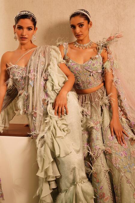 Eeksha Green Silk Organza, Net Pearls, Isa Bel 3d Tulip Embroidered Lehenga Set at Aza Fashions Eeksha_Green Silk Organza, Net Pearls, Isa Bel 3d Tulip Embroidered Lehenga Set _at_Aza_Fashions