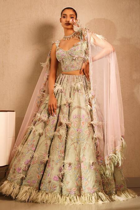 Buy Eeksha Green Silk Organza, Net Pearls, Isa Bel 3d Tulip Embroidered Lehenga Set Buy_Eeksha_Green Silk Organza, Net Pearls, Isa Bel 3d Tulip Embroidered Lehenga Set